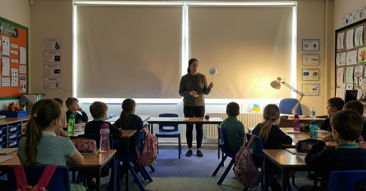 Photo of Ms. Coales using a lamp and a white foam ball to demonstrate the moon phases to her class.