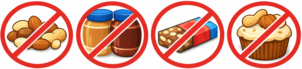Illustration showing examples of foods that should not be bought to school, including nuts, peanut butter, hazelnut spread, some cereal bars and cakes.